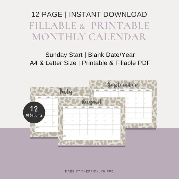 2023 2024 Leopard Calendar, 12-Month Printable With Notes, Leopard Print Planner, Printable Planner, Undated