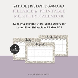 2025, Leopard Calendar, 12-Month, Printable Calendar, Sunday Start, Monday Start