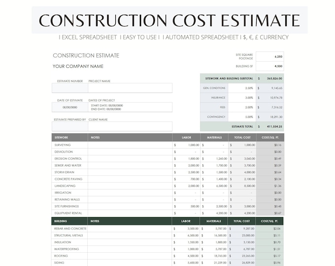 Construction Cost Estimate Template Contractor Estimate Planner Etsy