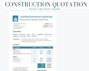 Construction Project Quotation, Contractor Cost Estimate Template
