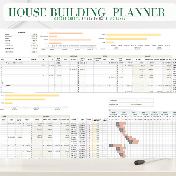 House Building Planner, Construction Budget Template, Construction Spreadsheet