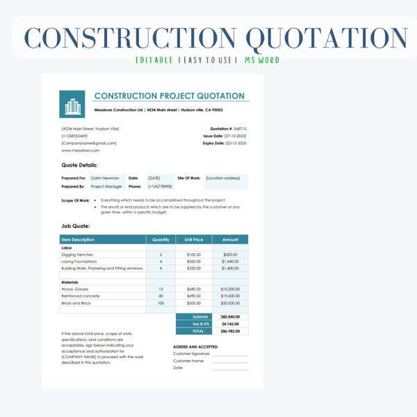 Construction Project Quotation, Contractor Cost Estimate Template