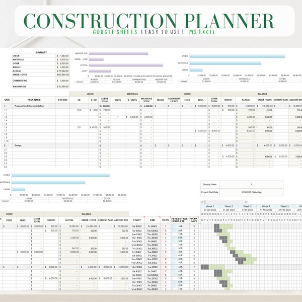 Ultimate Project Management Planner, Construction Budget Spreadsheet, Home Renovation Planner