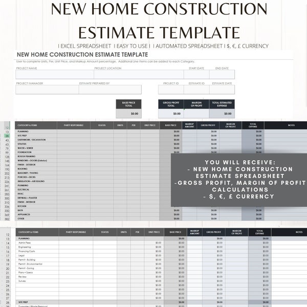 New House Construction Estimates Template, House Building Planner, Construction Excel Spreadsheet