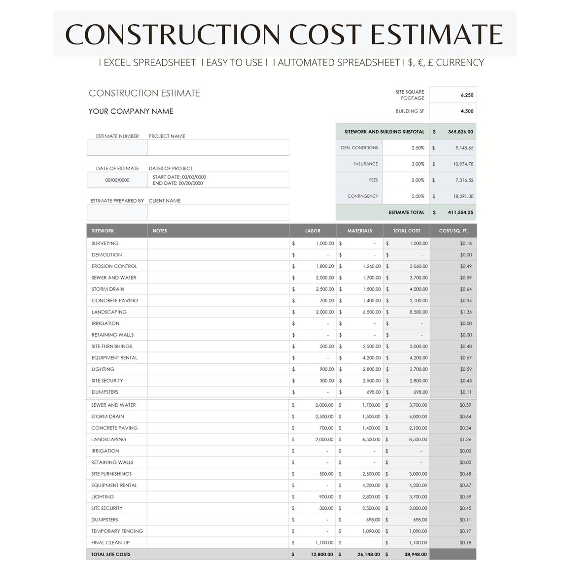 Construction Cost Estimate Template Contractor Estimate Etsy