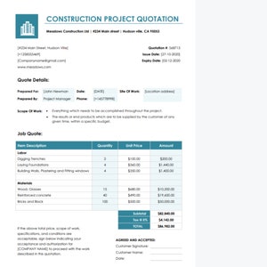 A construction quote helps construction companies break down the expected labor and material costs for proposed projects. A contractor quote is a document that outlines the estimated cost for requested construction services.