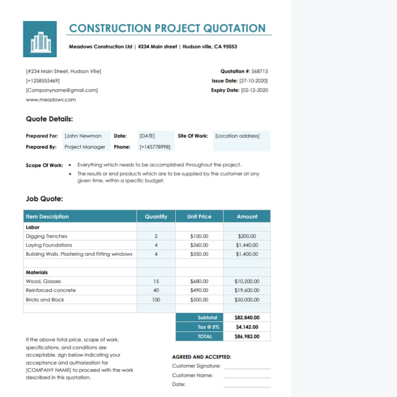 A construction quote helps construction companies break down the expected labor and material costs for proposed projects. A contractor quote is a document that outlines the estimated cost for requested construction services.