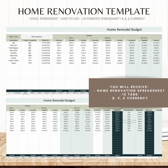 Home Renovation Template Home Remodel Excel Spreadsheet - Etsy