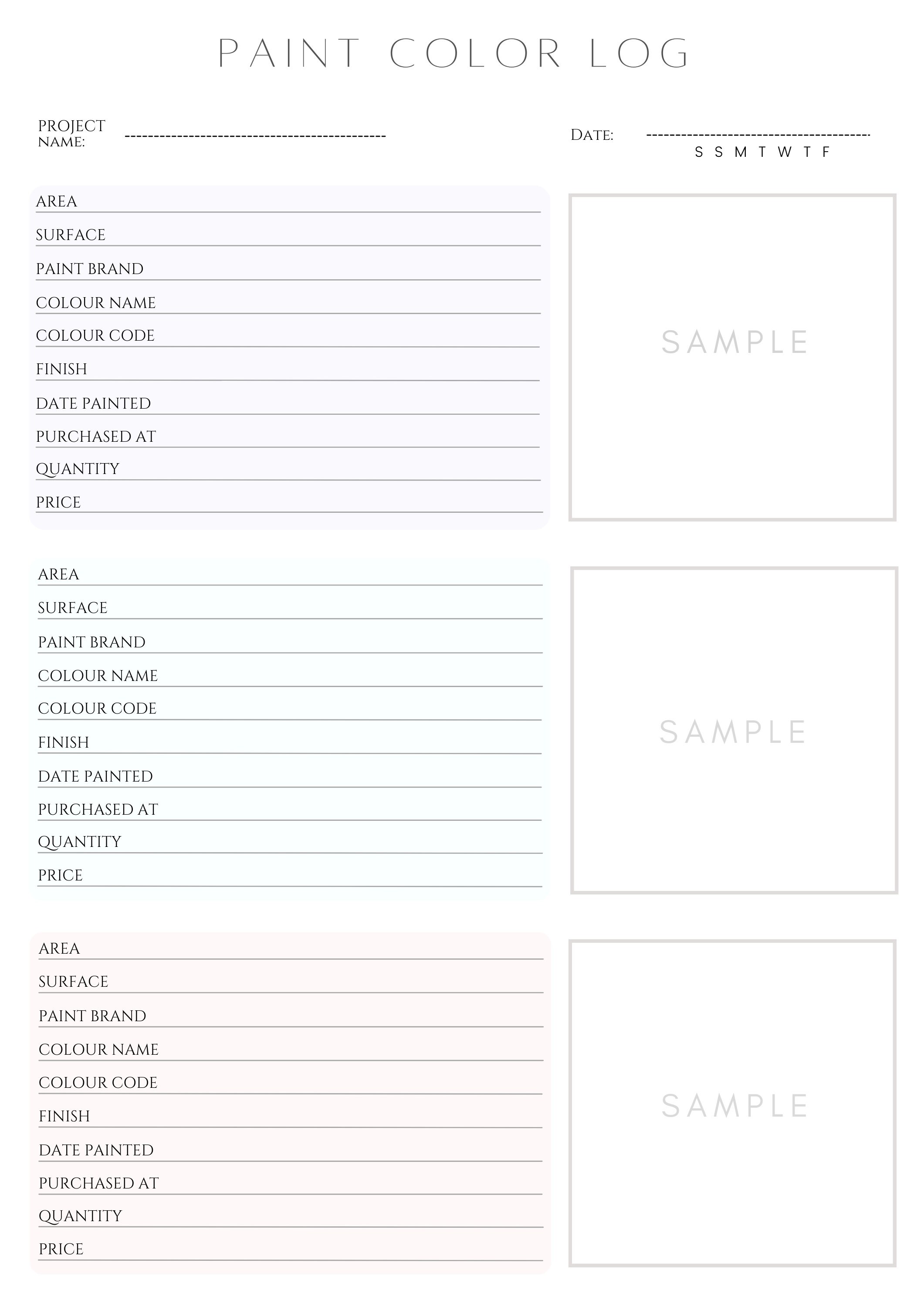 Printable Paint Color Log Printable Paint Tracker Home Etsy