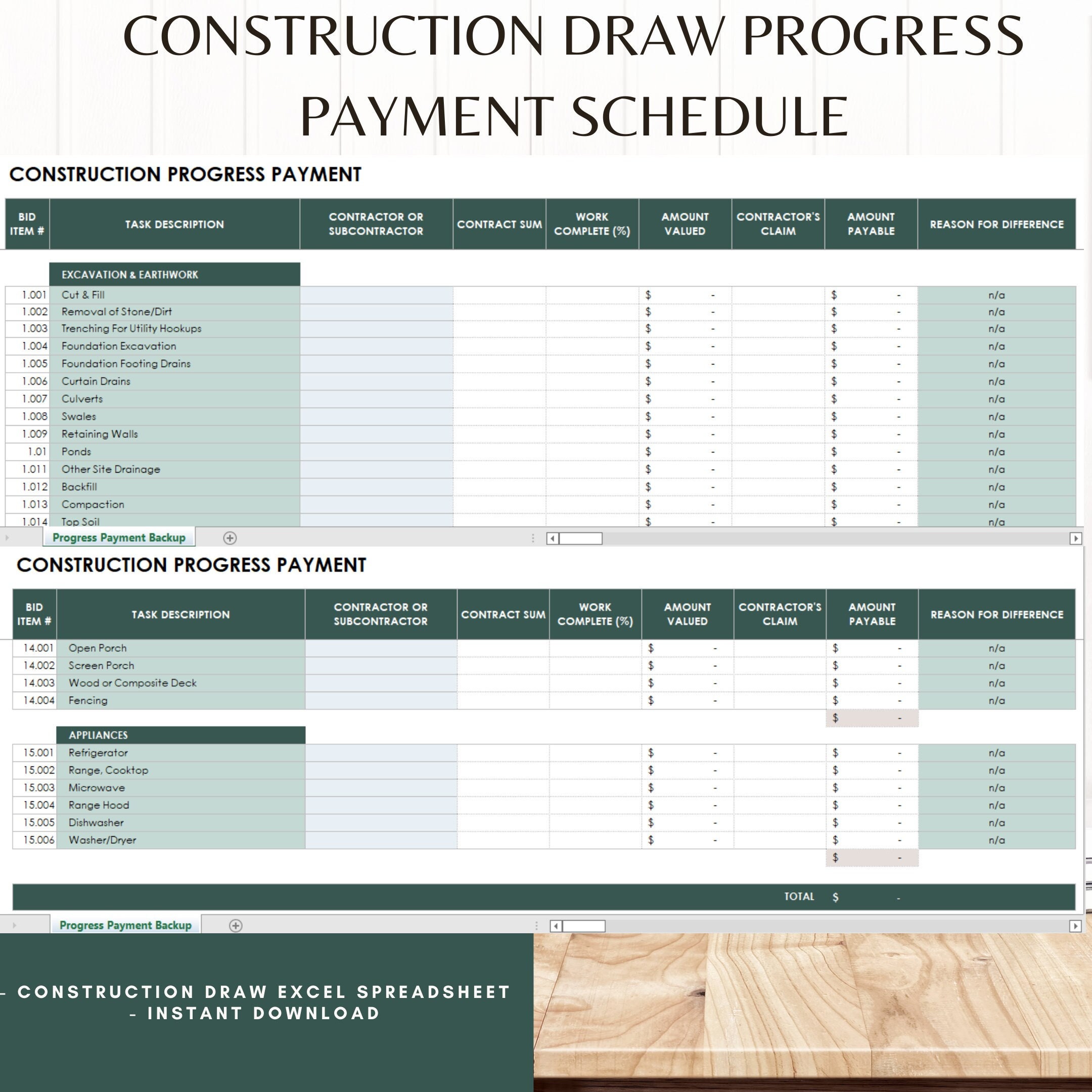 Construction Progress Payment Schedule, Construction Finance Projection