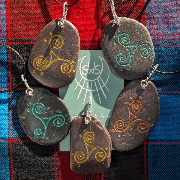 Handmade Scottish Celtic Stone Necklace | Triskele Spiral Amulet Scottish Stone | Triskelion Protection Pendant | Druid Jewelry Symbol Slate