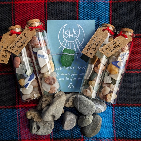 Scottish Coastal Bottle + Wee Hagstone & Wishing Stone | Mini Corked Seaglass Vial | Stocking Filler | Blue | Green | Pottery | Crystal Gift