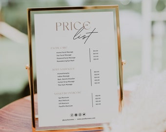 May include: A gold-framed price list for a spa or salon. The list includes prices for facial care, body massages, manicures, and pedicures. The prices are listed in US dollars.