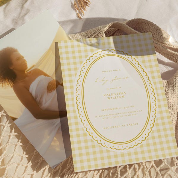 Yellow Gingham Baby Shower Invitation, Editable Picnic Style Baby Shower Invite, Cute Printable Baby Shower Card for Girl or Boy | STEVE