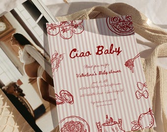 Ciao Baby Invitation, Italian Baby Shower Invite, Editable Digital Download, Modern Red Italian Theme, Italian Baby Shower Party  | BAMB
