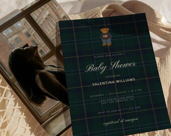 Modello di invito per baby shower a tema orsacchiotto di peluche di lusso, set baby shower classico Polo, invito baby shower Lauren | JILL