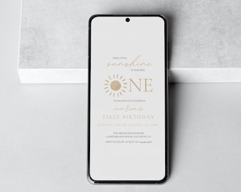Boho Digitale Geburtstagseinladung, Sunshine First Birthday Einladung, Neutrale Sonneneinladung, Editierbare Vorlage | LEO