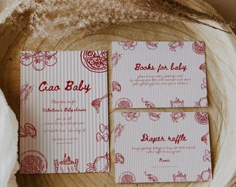 Set de tarjetas Ciao Baby, paquete para baby shower italiano, plantillas para rifa de pañales y libro de bebé, plantillas rojas para personalizar | BAMB