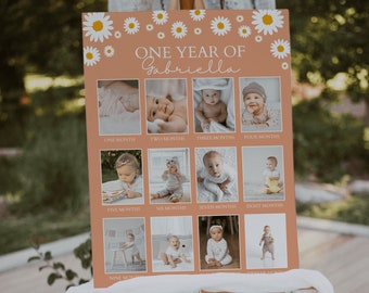 Daisy First Year Photo Collage, 12 Month Photo Banner, Baby First Year Frame, Daisy First Birthday Poster, Customizable Template | ANA