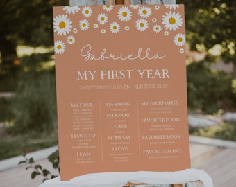 Bearbeitbares Boho Baby Einjähriges Geburtstagsposter, Druckbare Vorlage, Daisy Theme Baby Geburtstagsposter | ANA