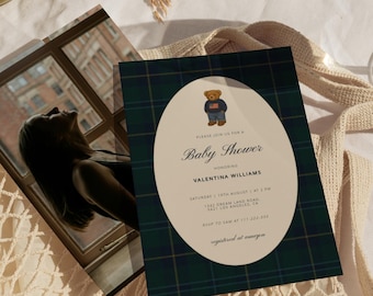Modello di invito per baby shower a tema orsacchiotto di peluche di lusso, set baby shower classico Polo, invito baby shower Lauren | JILL