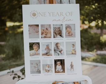 Printable Baby's First Year Photo Poster Template, Sunshine 1st Birthday Photo Collage Sign, Editable Year In Pictures Board | LEO