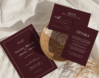 Conjunto de invitaciones de boda modernas en color burdeos, set de invitaciones con detalles de RSVP, papelería roja minimalista, estilo chic adinerado | MILLIE