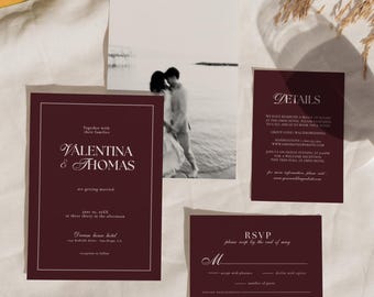 Conjunto de invitaciones de boda modernas en color burdeos, set de invitaciones con detalles de RSVP, papelería roja minimalista, estilo chic adinerado | MILLIE
