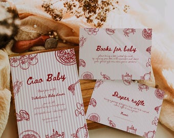 Set de tarjetas Ciao Baby, paquete para baby shower italiano, plantillas para rifa de pañales y libro de bebé, plantillas rojas para personalizar | BAMB
