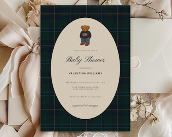 Modello di invito per baby shower a tema orsacchiotto di peluche di lusso, set baby shower classico Polo, invito baby shower Lauren | JILL