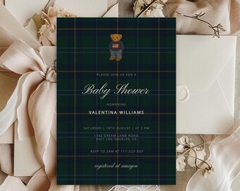Modello di invito per baby shower a tema orsacchiotto di peluche di lusso, set baby shower classico Polo, invito baby shower Lauren | JILL