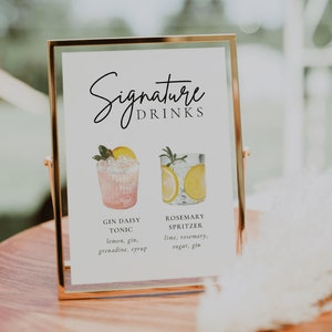 Signature Cocktail Sign Template, Signature Drinks Sign, Minimalist Wedding Bar Menu Sign, Wedding Drinks menu, Editable Template