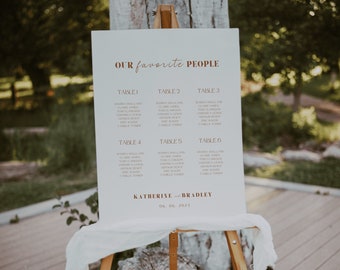 May include: A wooden easel displays a seating chart with the text "OUR favorite PEOPLE" and guest names for a wedding. The names are listed under table numbers. The wedding date is June 6, 2023.