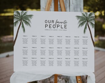 May include: A white seating chart with a tropical theme. The chart is titled "Our Favorite People" with the names Camille and Lucas and the date 15.07.2022. The chart lists table numbers and guest names.