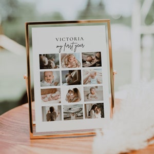 Druckbare Foto-Poster-Vorlage für das erste Jahr des Babys, minimalistisches Foto-Collage-Schild zum 1. Geburtstag | Lisa