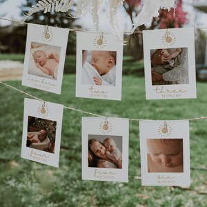 First Birthday Photo Banner, Sunshine 1st Birthday Photo Banner, Boho Monthly Milestone Photo Cards, Birthday Photo Cards | LEO