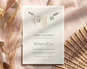 Girl Baby Shower Invitation Template, Boho Baby Shower Invitation, Baby Clothes Shower Invite, bohemian reveal | ALBI