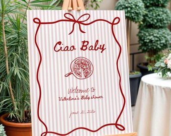 Willkommensschild „Ciao Baby“, italienisches Babyparty-Poster, rot-weißes, personalisierbares Design, modern und minimalistisch | BAMB