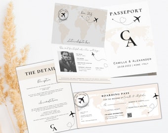Passport Wedding Invitation Template Suite, Destination wedding invitation, Travel Themed Wedding Invitation, Instant Download | PARIS