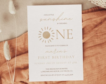Boho Sunshine 1st Birthday Invitation, Sunshine 1st Birthday Invite, Neutral Sun Invitation, Editable Template, Sun Birthday Invite | LEO
