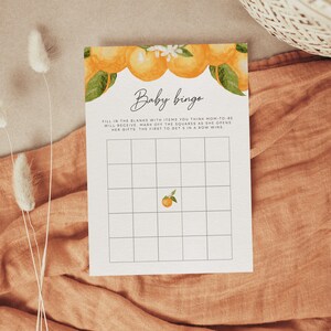 Tarjetas de bingo para baby shower, juego de baby shower A Little Cutie, juego de bingo para baby shower, cítricos, clementina, naranja, mandarina, bebé instantáneo | AYUNARSE