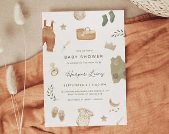 Gender Neutral Baby Shower Invitation Template, Boho Baby Shower Invitation, Baby Clothes Shower Invite, bohemian reveal | ALBI