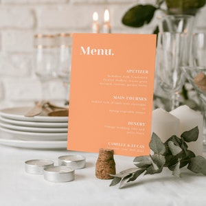 Menú de boda colorido, menú rosa coral y naranja melocotón, plantilla de boda colorida, plantilla de menú moderno, menú de boda de moda | AMAPOLA