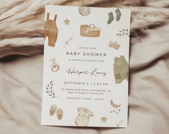 Gender Neutral Baby Shower Invitation Template, Boho Baby Shower Invitation, Baby Clothes Shower Invite, bohemian reveal | ALBI