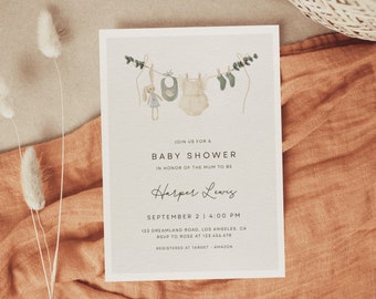 Girl Baby Shower Invitation Template, Boho Baby Shower Invitation, Baby Clothes Shower Invite, bohemian reveal | ALBI