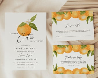 May include: A baby shower invitation with a watercolor illustration of oranges and a handwritten message that says "A Little Cutie is on the way". The invitation includes the name Harper Lewis, the date and time of the shower, and the address. There are also two cards for a diaper raffle and a book request for the baby.