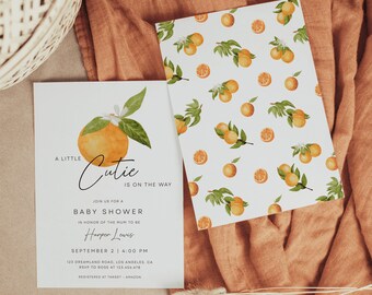 Może przedstawiać: Zaproszenie na baby shower z białym tłem i ilustracją pomarańczowych owoców cytrusowych. Tekst brzmi "A Little Cutie is on the way. Join us for a Baby Shower in honor of the mum to be Harper Lewis. September 2 | 4:00 PM. 123 Dreamland Road, Los Angeles CA. RSVP to Rose at 123.456.678. Registered at Target Amazon."
