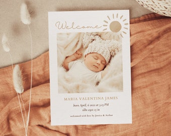 Annonce de naissance, carte d'annonce de bébé photo, carte de nouveau-né, annonce de naissance Boho, modèle modifiable, imprimable | LEO