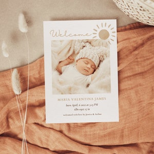 Annonce de naissance, carte d'annonce de bébé photo, carte de nouveau-né, annonce de naissance Boho, modèle modifiable, imprimable | LEO