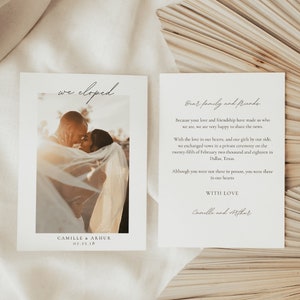 Modèle d'annonce mariage intime moderne, carte We Eloped, carte de faire-part de mariage, carte minimaliste avec photo | ALMA